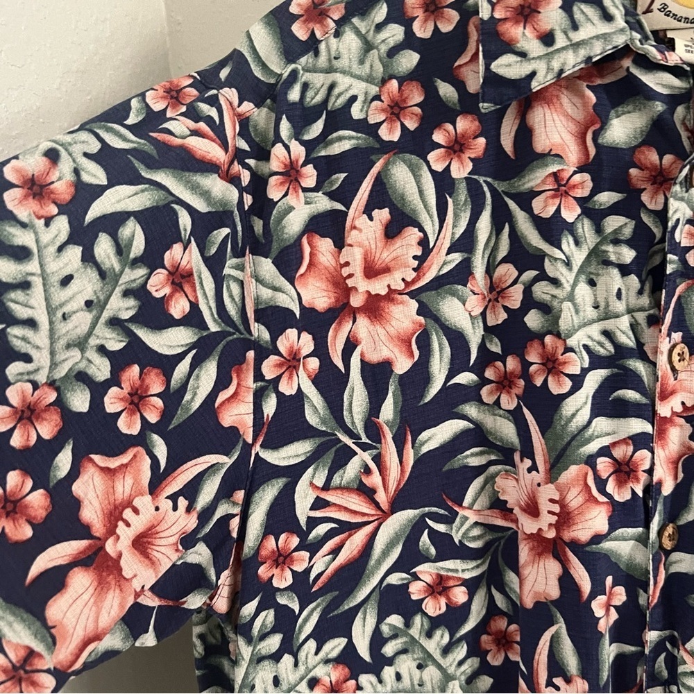 Banana Cabana Men's Sz L 100% Silk Tropical Hawaiian Shirt Navy and Pinky Peach - Picture 6 of 8